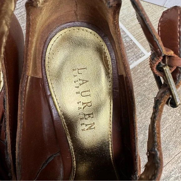 Ralph Lauren Hannie Brown T Strap‎ Peep Toe Wedge Sandals Leather Sz 8.5 - Picture 5 of 16